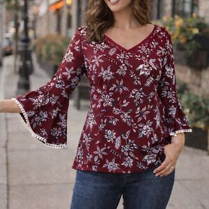 Espresso Floral Bell Sleeve Top | Women’s Boho Blouse | Size L